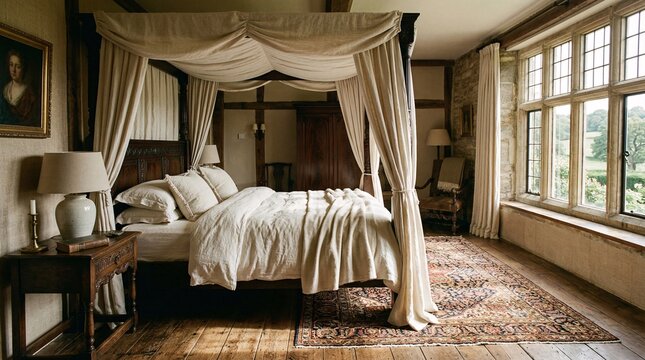 Opulent countryside manor hotel room featuring organic linen on a lovely four-poster bed, an antique Persian rug, and wood floors.