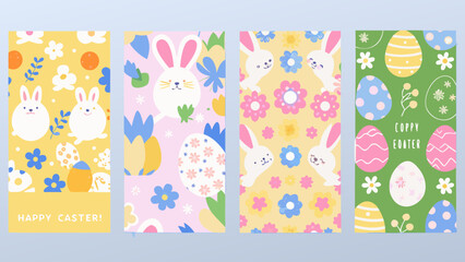 Fototapeta premium Four vertical banners featuring colorful easter patterns with bunnies and eggs