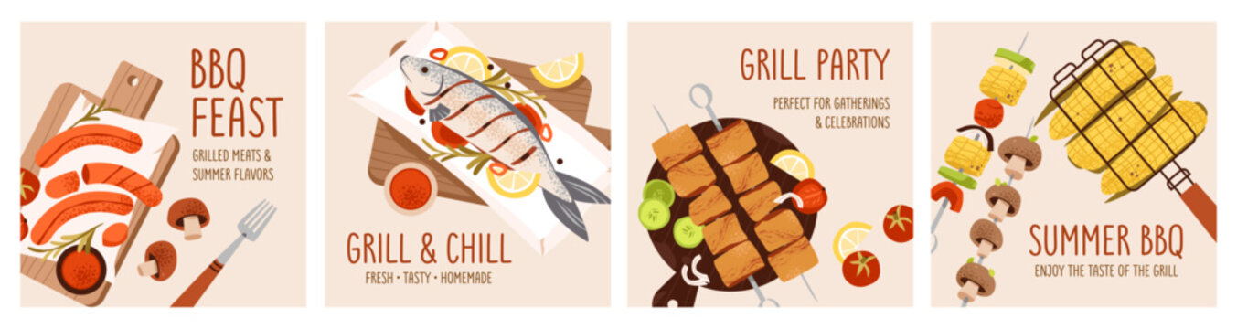 BBQ banner template with grill, meat, and outdoor cooking elements. Barbecue flyer design with gourmet food and grill. Perfect for summer events, backyard parties, and catering promotions.