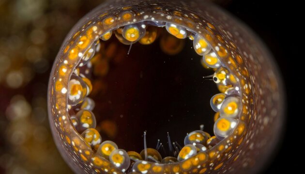 Detailed macro photograph of a marine tunicate revealing its internal eggs and intricate structure.