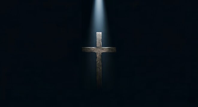 wooden christian cross in the dark with a single dramatic spotlight from above and copy space