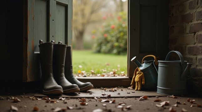 La puerta trasera de una casa de campo se abre dejando ver botas embarradas y herramientas de jardiner&iacute;a