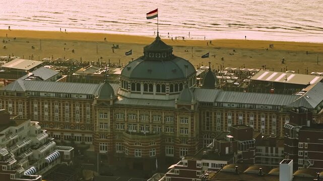 Aerial view of Scheveningen Beach in city Hague, Scheveningen Pier and famous Ferris wheel skyview de Pier