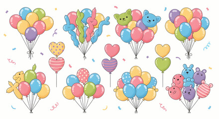 Obraz premium Cute Cartoon Balloons Collection: Animals, Hearts, and Confetti - Party Fun