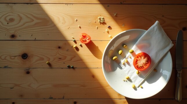 Vista superior de la mesa de la cocina despu&eacute;s de un sencillo almuerzo casero: migas, huesos de aceituna, servilleta doblada, medio tomate en rodajas