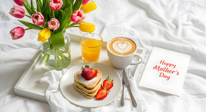 Breakfast in Bed for Mother's Day with Heart Shaped Pancakes, Coffee, and Tulips