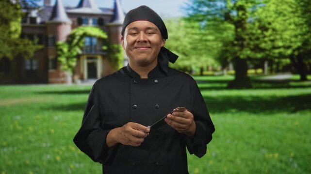 Man chef smiling while holding a cleaver and spoon near a building in a green park with trees and lawn; culinary pride.