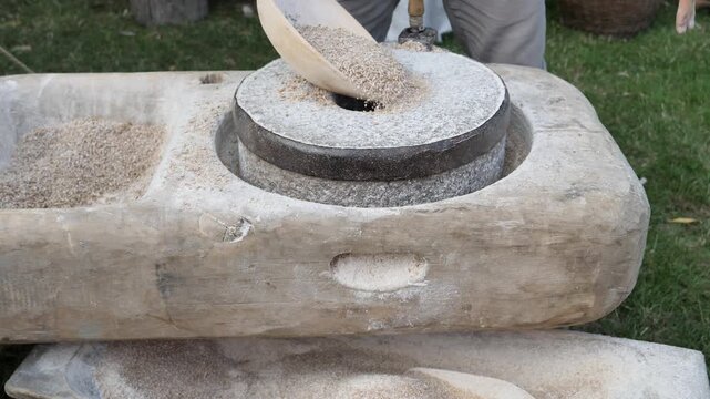 Man packs wholegrain rye flour ground at stone mill into a paper bag. Hand Operated Stone Quern in the background.