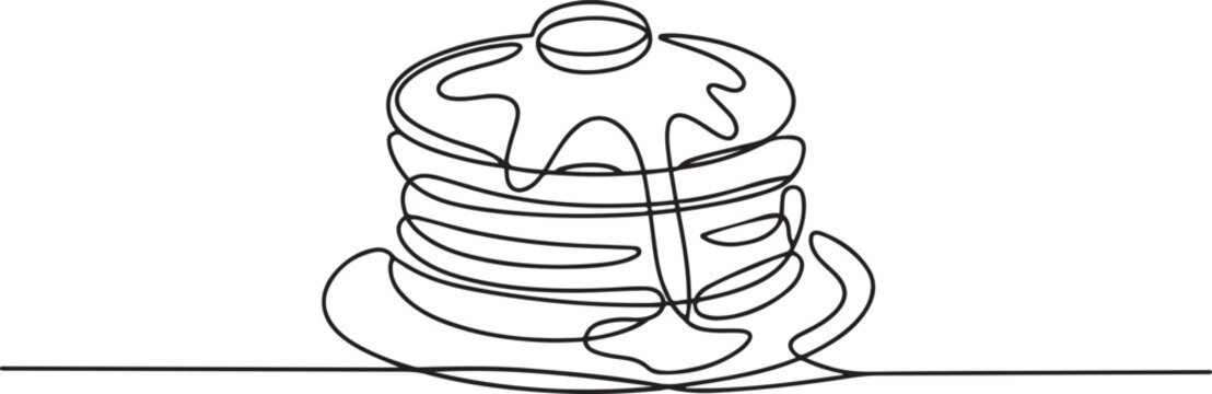 Continuous one line drawing of a tall stack of pancakes drizzled with dripping syrup. one line Icon drawing