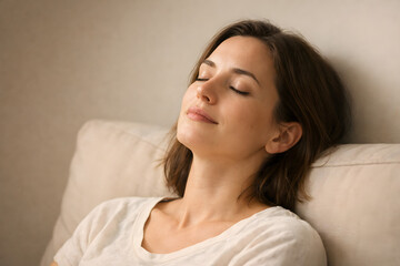 Fototapeta premium Serene repose of a young woman enjoying a quiet moment of blissful calm indoors