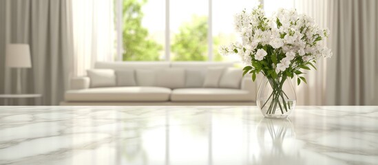 Fototapeta premium Marble tabletop with flowers, living room view