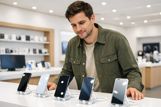 Customer discovering innovation on a luminous smartphone display in a tech store