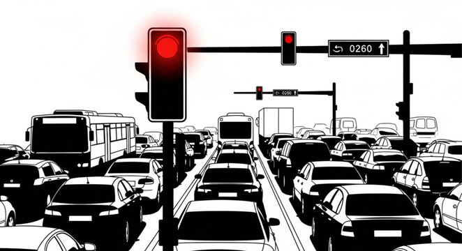 Heavy traffic jam with red traffic light signal.