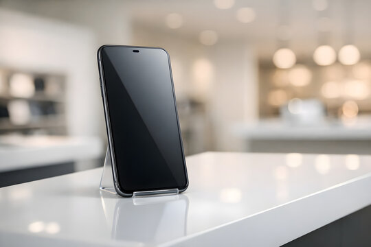 Sleek smartphone gleaming on a pristine counter in a luminous showroom