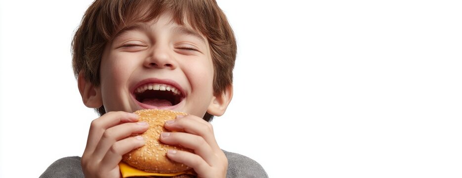 Child boy happily enjoying a hamburger with a big smile on white background 