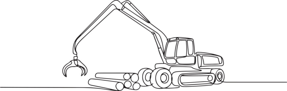 Continuous one line drawing forestry harvester or logging forwarder. Articulated crane, specialized machinery for wood harvesting, transportation. one line Icon drawing