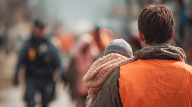 Rescuers helping people during disaster recovery in urban area  