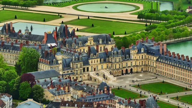 Aerial view of Castle Fontainebleau with symmetrical gardens, Castle Fontainebleau, Paris, France