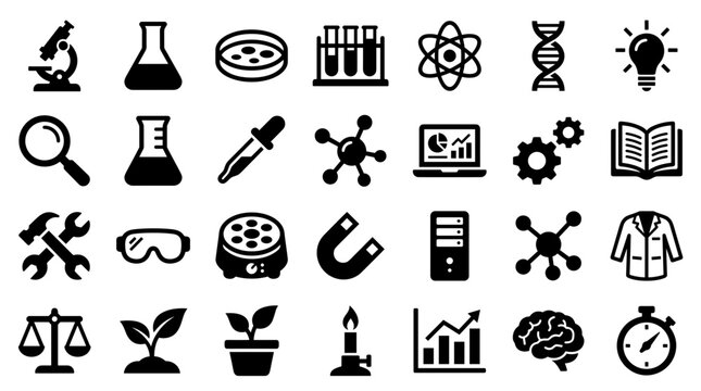 Collection of science and research icons representing laboratory equipment, biology, chemistry, physics, and technology for educational and scientific concepts