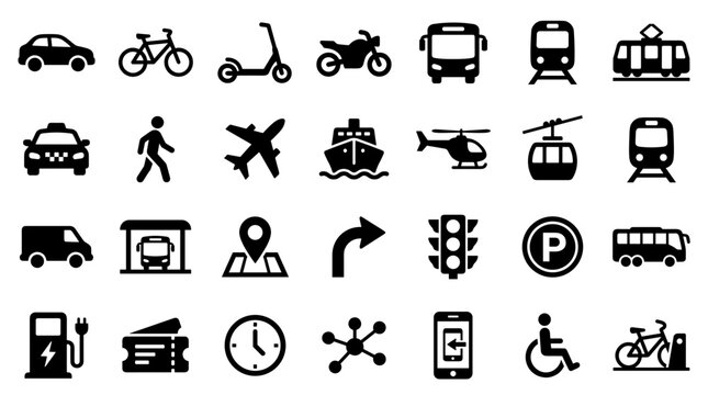 Collection of diverse transportation icons representing various modes of travel and urban mobility solutions for modern life