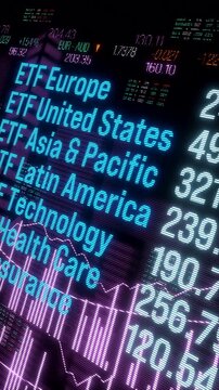 ETF exchange traded fund Europe, United States or Asian stock market, investment prices moving up. Financial market, risk, making money, strategy, wealth, growth.