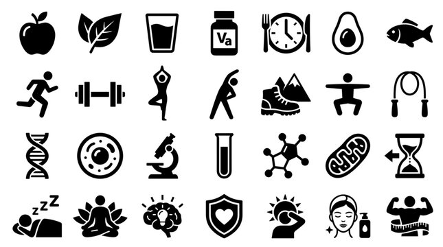 Healthy lifestyle icons representing wellness fitness nutrition science and self care concepts