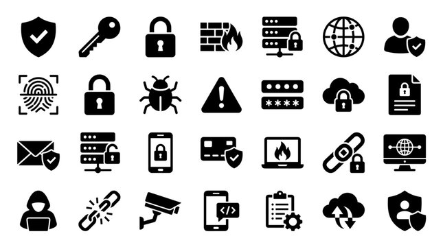 Cybersecurity icons set representing digital security, data protection, privacy, network defense, and online safety concepts