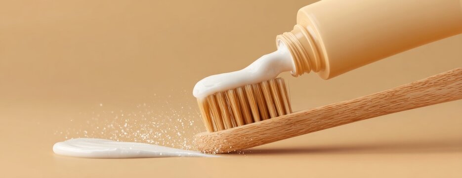 Natural toothpaste squeezed on wooden toothbrush on beige background  