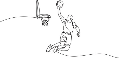 Basketball dunk continuous line. Continuous one line drawing of basketball player jumps high to score with slam dunk. Basketball man action concept. one line Icon drawing © firoz