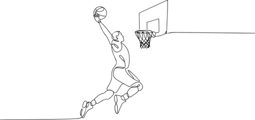 Basketball dunk continuous line. Continuous one line drawing of basketball player jumps high to score with slam dunk. Basketball man action concept. one line Icon drawing © firoz