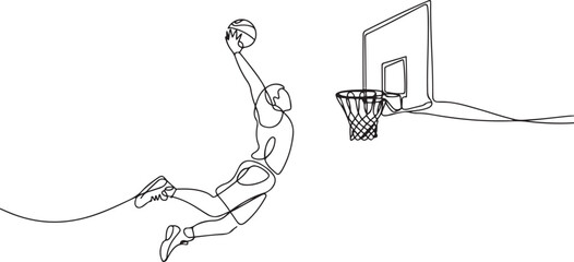 Basketball dunk continuous line. Continuous one line drawing of basketball player jumps high to score with slam dunk. Basketball man action concept. one line Icon drawing © firoz
