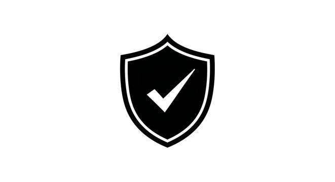 A black shield icon with a white checkmark on a clean white background