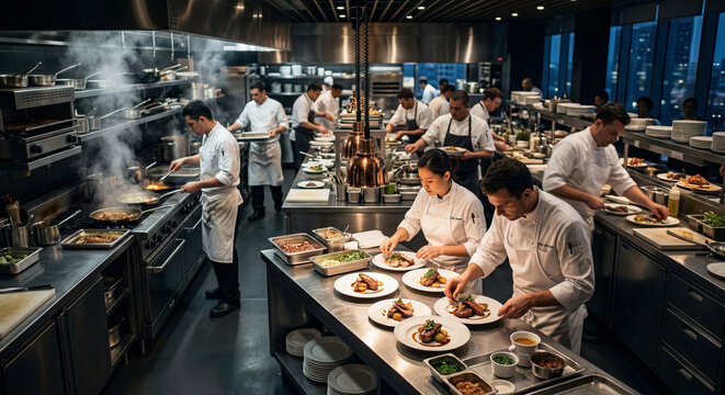 Cinematic wide shot of a bustling 5-star restaurant kitchen during peak dinner service. Multiple chefs in immaculate white uniforms move with precise coordination around gleaming stainless steel stati