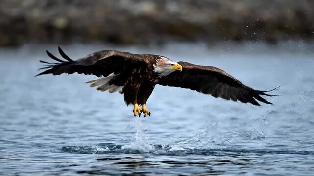Bald eagle swooping down over water with outstretched wings and sharp talons extended.