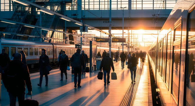 Commuters walk through a bustling train station during sunset with sleek trains and modern architecture