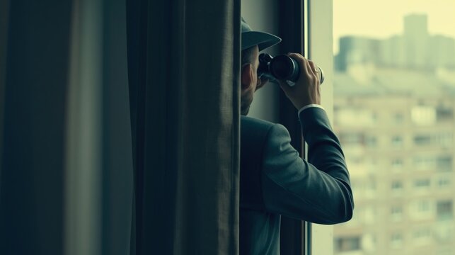 Man with Binoculars Looking Outside Window