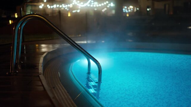 A serene outdoor swimming pool glows with vibrant blue light at night, steam gently rising from the warm water