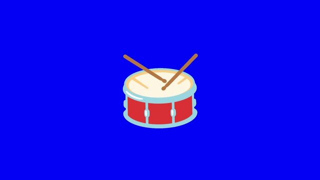 2D cartoon snare drum emoji, drumsticks hit the drum in steady natural alternating rhythm, very subtle small bounce of the drum on each impact, solid pure chroma key blue background, standard flat.