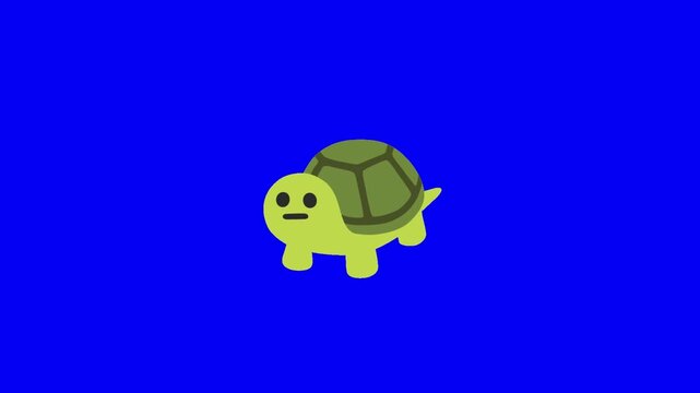 2D cartoon neutral face turtle emoji, slow gentle natural waddling walking motion, legs move sequentially, very subtle tiny idle head wobble, solid pure chroma key blue background, standard flat emoji