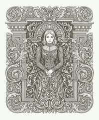 Fototapeta premium Intricate vintage engraving portrait woman framed ornate baroque floral decorative illustration