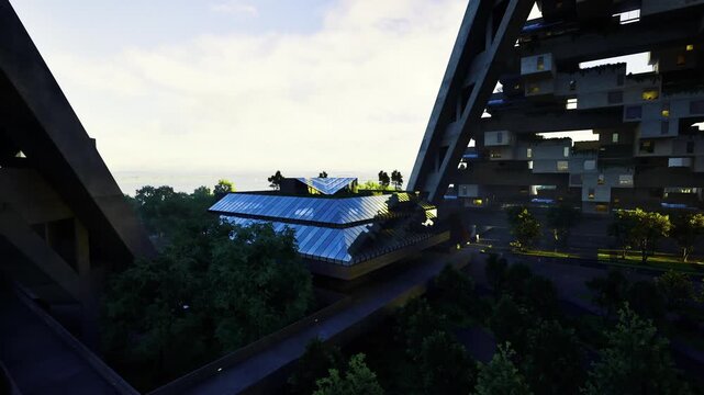 Golden hour skybridge with rooftop park and soft backlight, warm tones on metal geometry, leafy clusters below, calm community vibe and expansive skyline