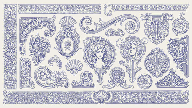 Collection of ornate decorative architectural elements and flourishes for classical design, borders, and embellishments