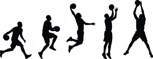 Basketball player silhouette collection featuring dynamic sports action poses including dribbling jumping for slam dunk and shooting a ball for athletic competition design isolated © 403Forbidden
