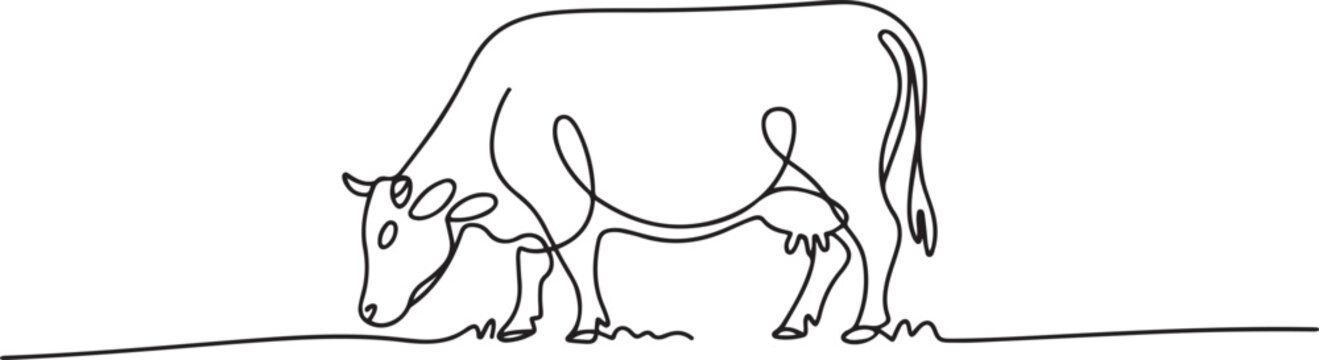 Cow on pasture in continuous line art drawing style. Grazing cow minimalist black linear. one line Icon drawing