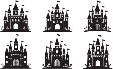Obraz premium A captivating collection of majestic castle silhouettes, showcasing various fairytale palace designs with towering spires and flags, perfect for fantasy and historical-themed projects