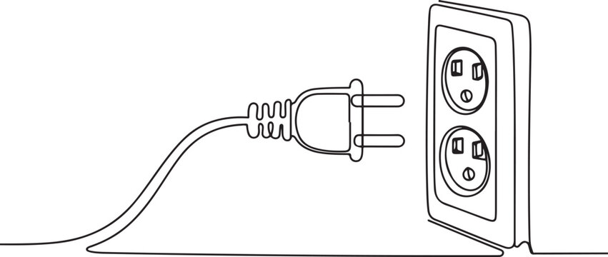 Plug inserting into electric outlet in continuous line art drawing style. Power plug and socket minimalist black linear. one line Icon drawing