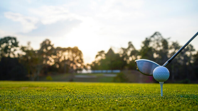 Golf clubs and golf balls on a green lawn in a beautiful golf course with morning sunshine.