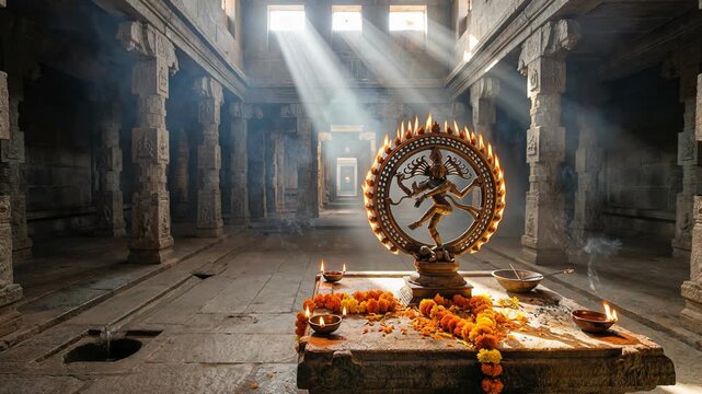 Bronze statue of dancing shiva nataraja on a stone altar inside a dark, ancient hindu temple, illuminated by sunbeams with offerings of flowers, incense, and burning candles