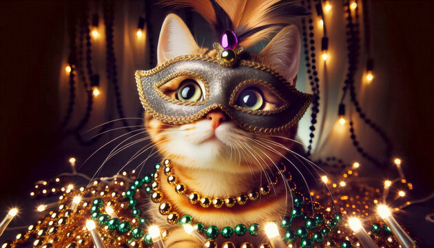 Eine Katze tr&auml;gt eine verzierte Maskerade-Maske und ist von Lichtern und Perlen umgeben. Das Bild vermittelt eine festliche, glamour&ouml;se Stimmung im Stil von Karneval oder Mardi Gras.