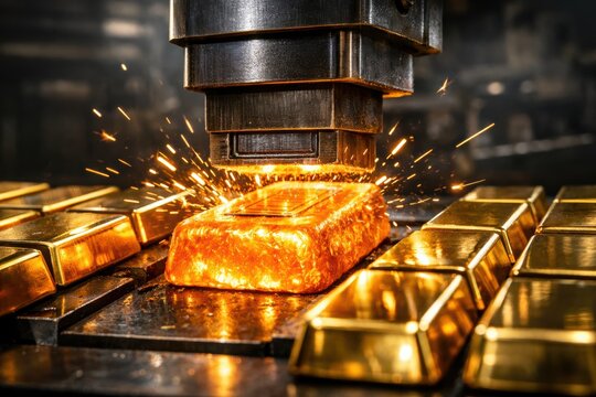 Gold Refining Process:  A captivating close-up captures the precision of the gold refining process, with a gleaming ingot of gold taking center stage.